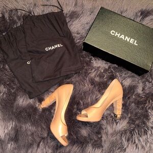 CHANEL Chaus Ouvertes NVL - Nude Peep Toe Heels with Cork Detail